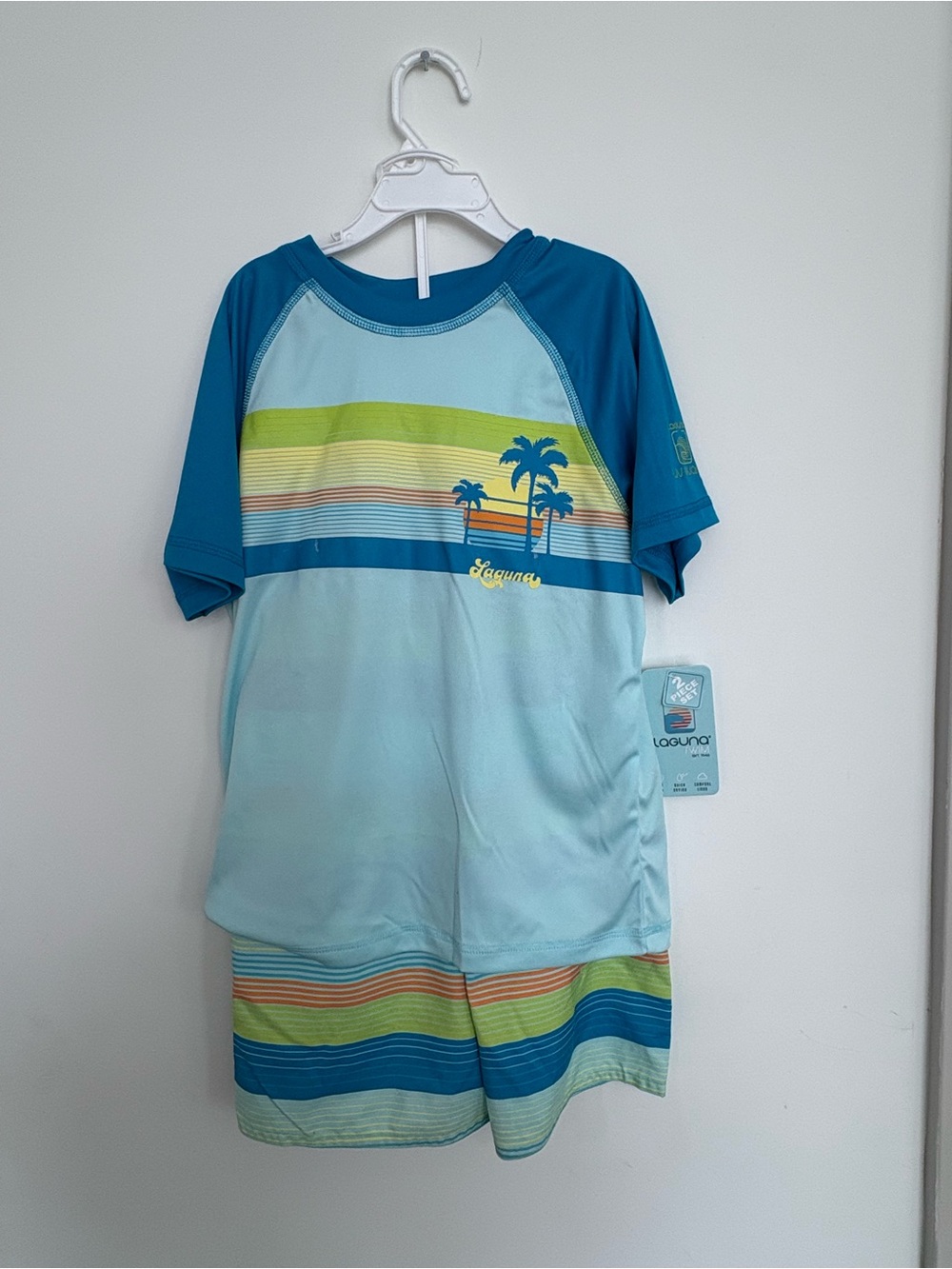 Laguna B Blue Teal Stripe Palm Kids Rashguard Set